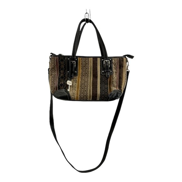 Fossil Womens Satchel Handbag Black Brown Signature Logo Detachable Strap Zip S - Picture 1 of 9